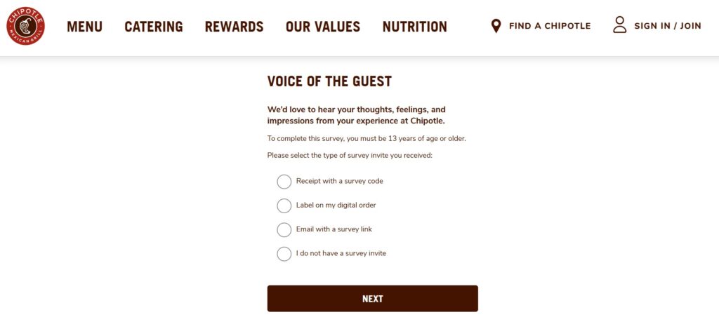 Chipotle.com feedback Survey step 1